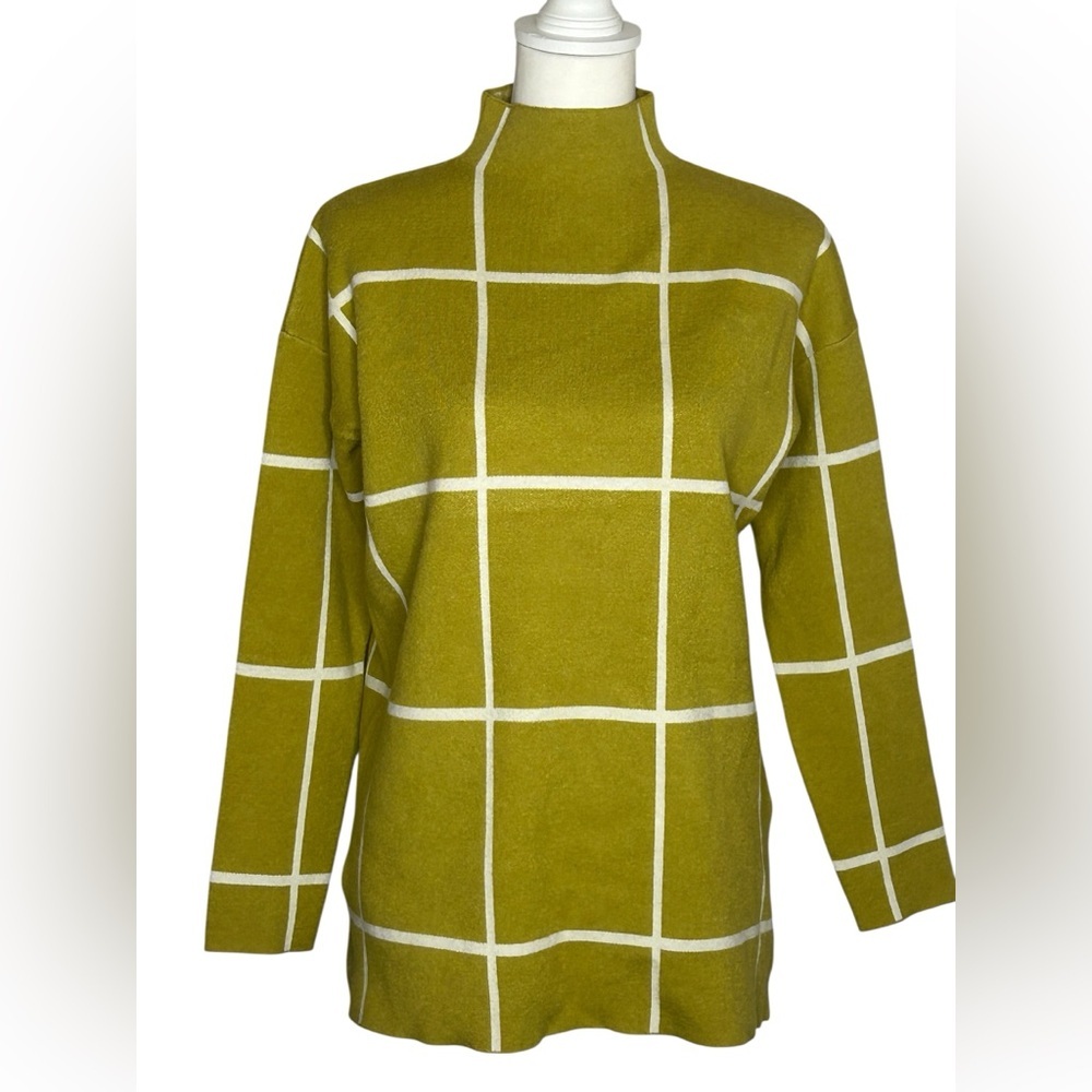 Max Studio EUC Olive Green Grid Pattern Women's Mock Turtleneck Sweater sz med